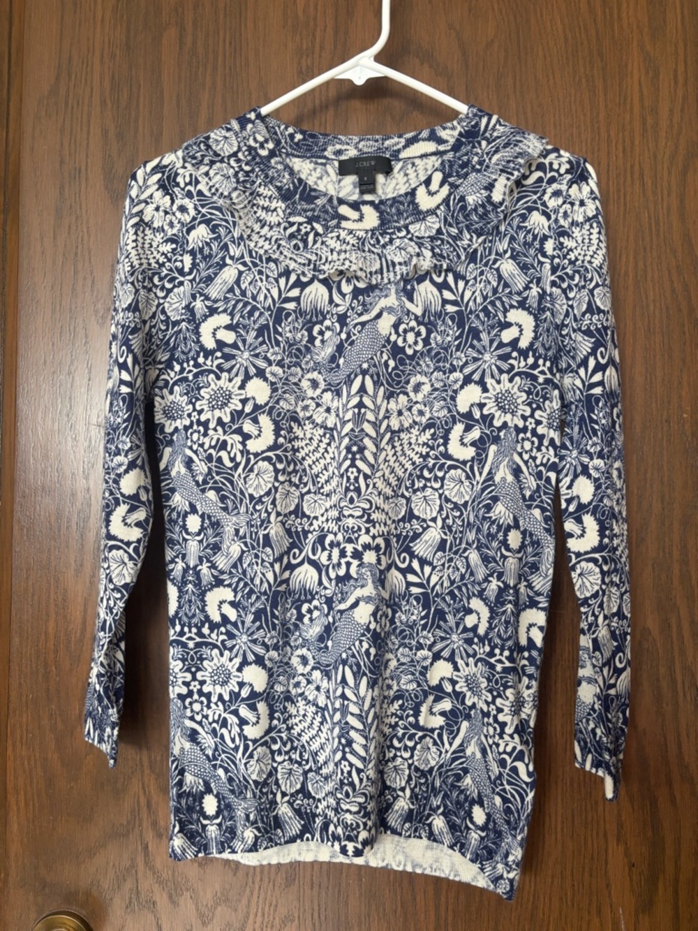 J.Crew Merino Wool Mermaid Floral Print Ruffle Tippi Sweater in Merino Wool